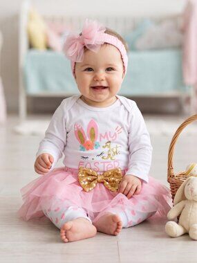 NWOT | "My 1st Easter" 4-Piece Baby Girl Outfit | Tutu, Bow & Leggings | 6-9M